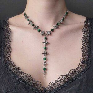 Gothic medieval silver and green rosary necklace